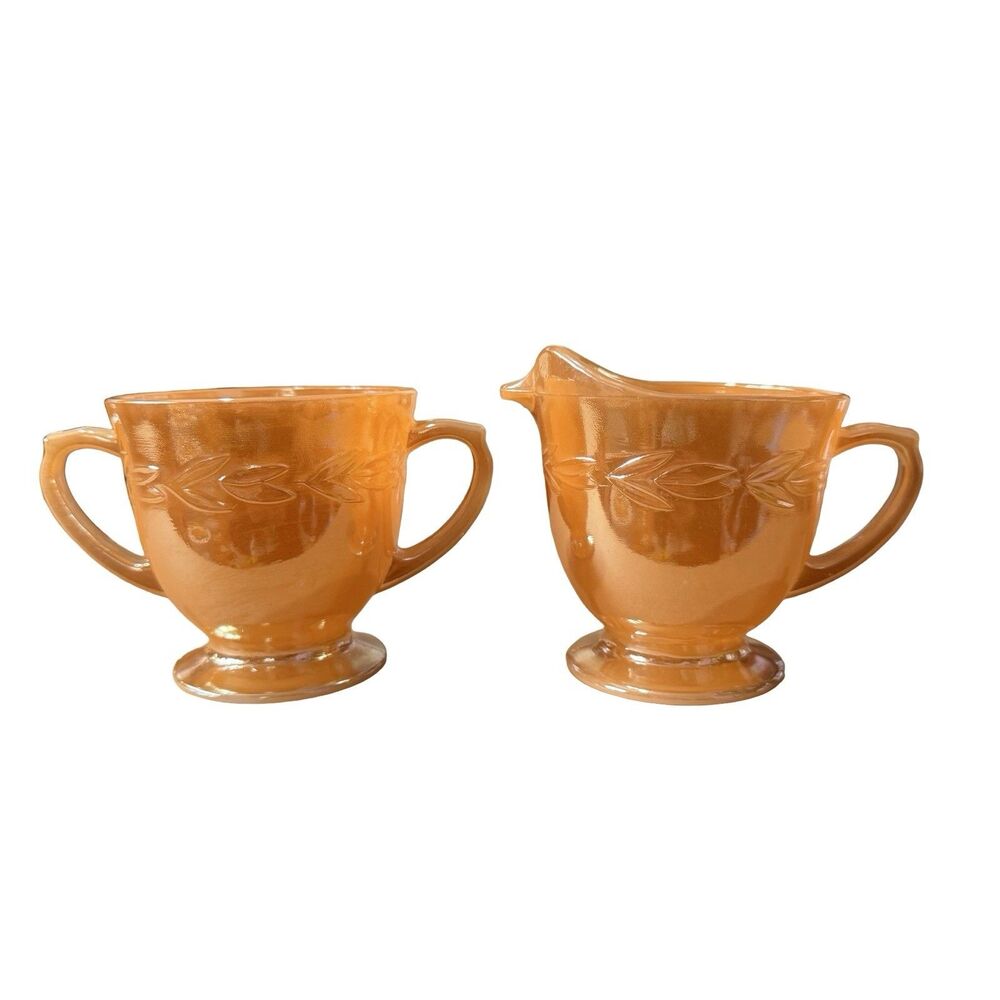 Anchor Hocking Fire King Peach Lustre Creamer & Sugar, Laurel Wreath Pattern